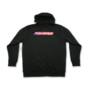 Black Fun-Haver Foundation adult hoodie featuring the Fun-Haver logo in red, white, and blue on the chest
