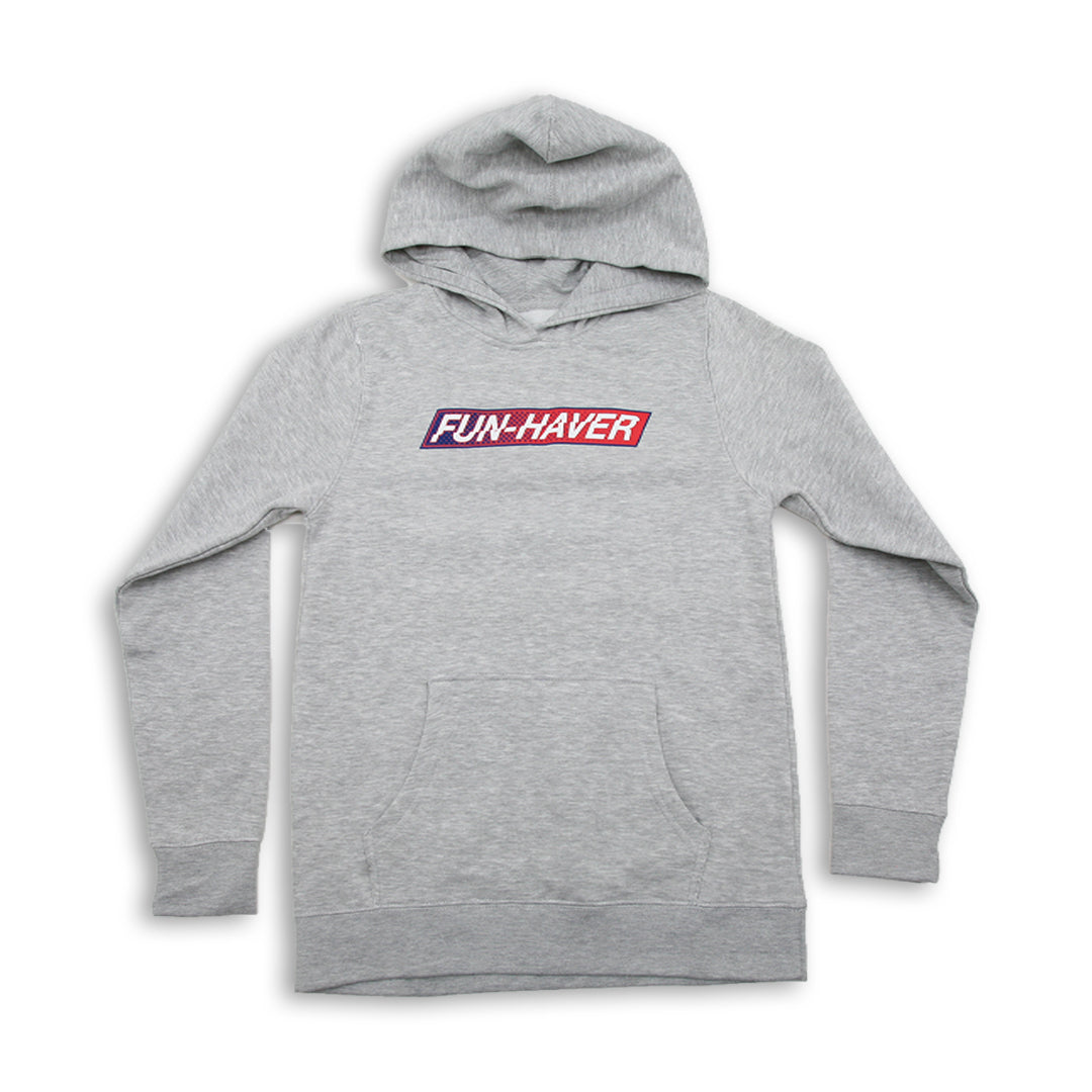 Gray Fun-Haver foundation youth hoodie with Fun-Haver logo in red, white, and blue across the chest