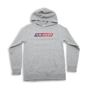 Gray Fun-Haver foundation youth hoodie with Fun-Haver logo in red, white, and blue across the chest