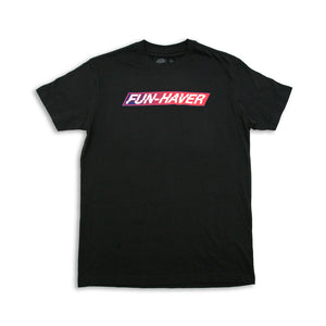 Black Fun-Haver Foundation t-shirt with Fun-Haver logo in red, white, and blue printed across the chest.