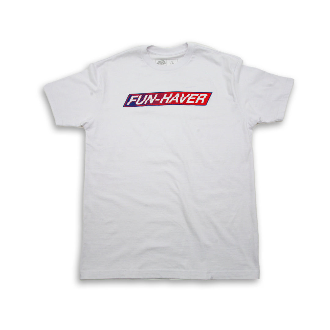 White Fun-Haver Foundation t-shirt with Fun-Haver logo in red, white, and blue printed across the chest.