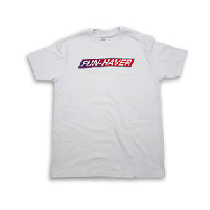 White Fun-Haver Foundation t-shirt with Fun-Haver logo in red, white, and blue printed across the chest.
