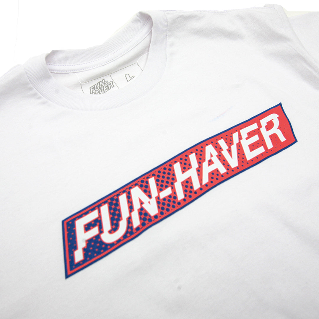 Close-up of white t-shirt showcasing Fun-Haver logo with red, white, and blue colors.