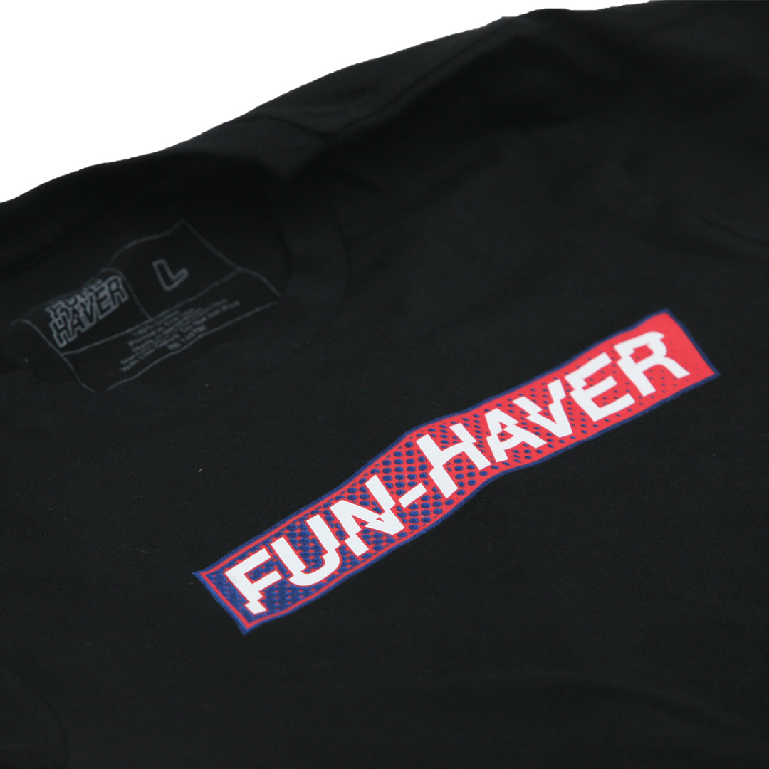 Close-up view of black t-shirt with red, white, and blue Fun-Haver logo.