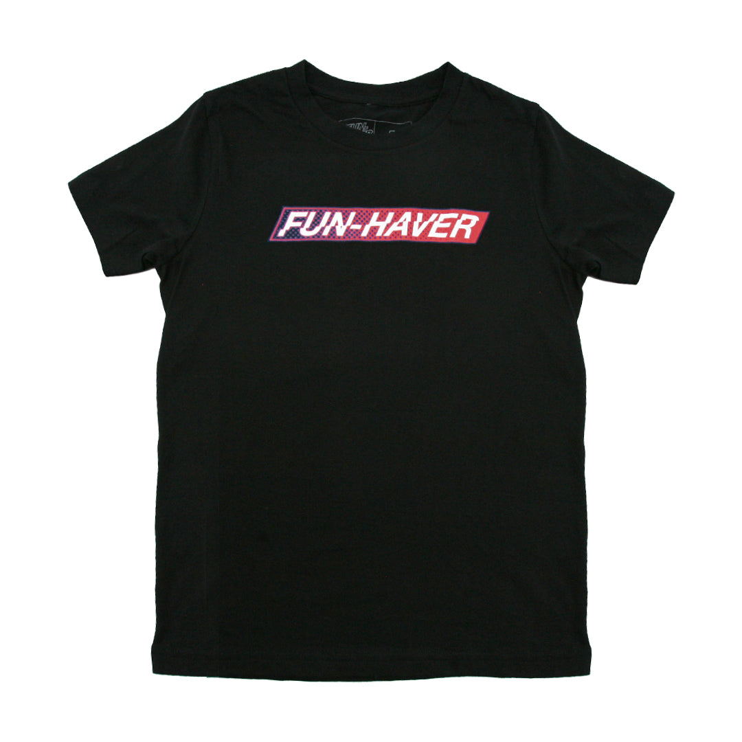 Black Fun-Haver Foundation youth t-shirt with Fun-Haver logo in red, white, and blue printed across the chest.