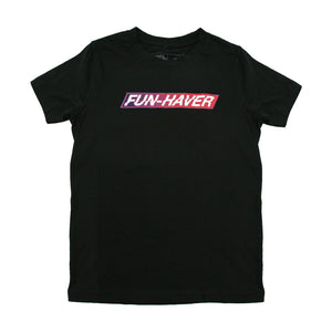 Black Fun-Haver Foundation youth t-shirt with Fun-Haver logo in red, white, and blue printed across the chest.