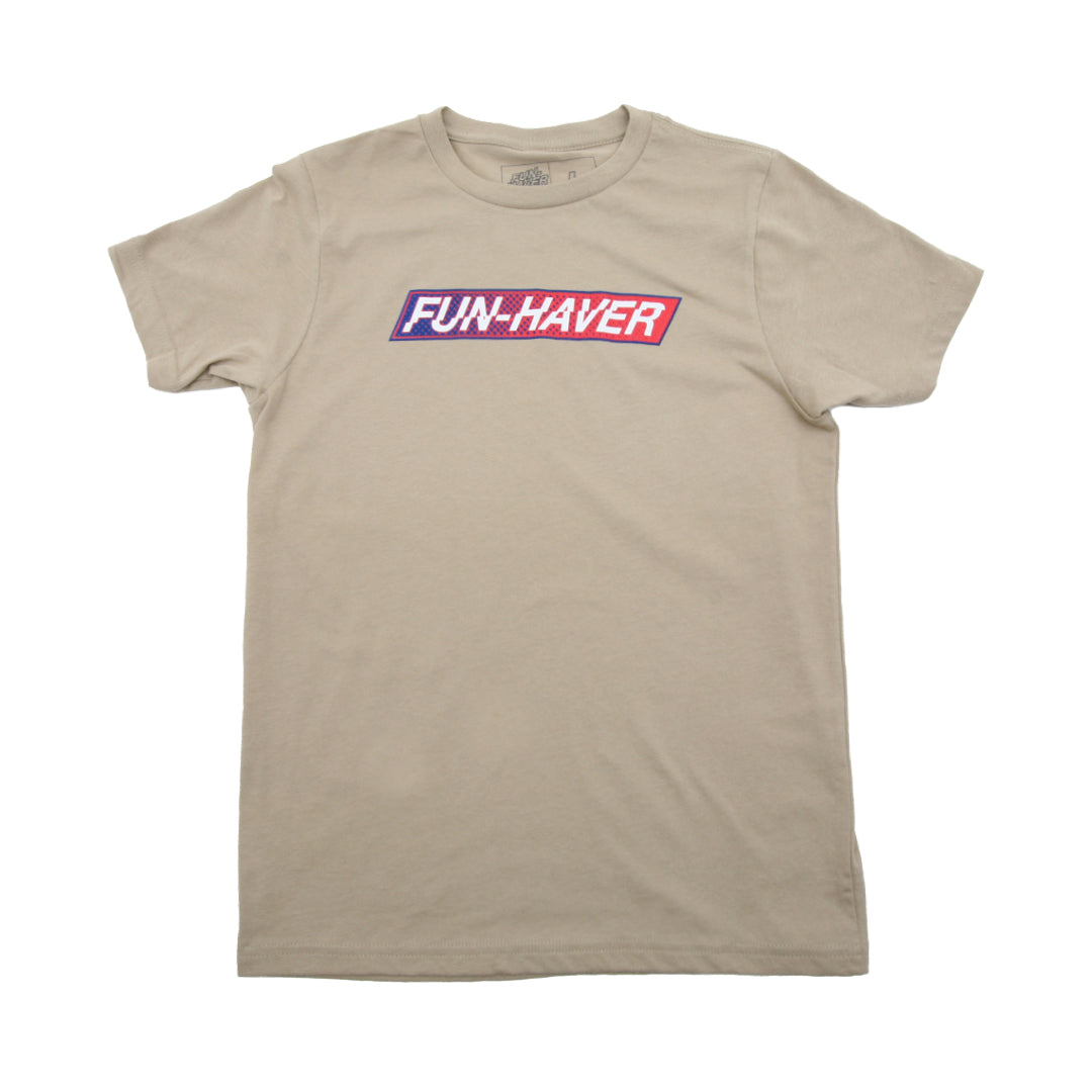 Tan Fun-Haver Foundation youth t-shirt with Fun-Haver logo in red, white, and blue printed across the chest.