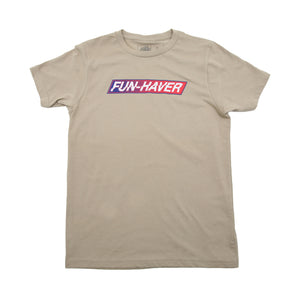Tan Fun-Haver Foundation youth t-shirt with Fun-Haver logo in red, white, and blue printed across the chest.
