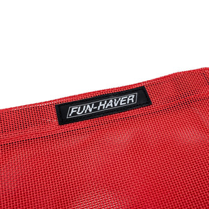 Detail photo of red mesh trail bag Velcro closure with rubberized black Fun-Haver logo