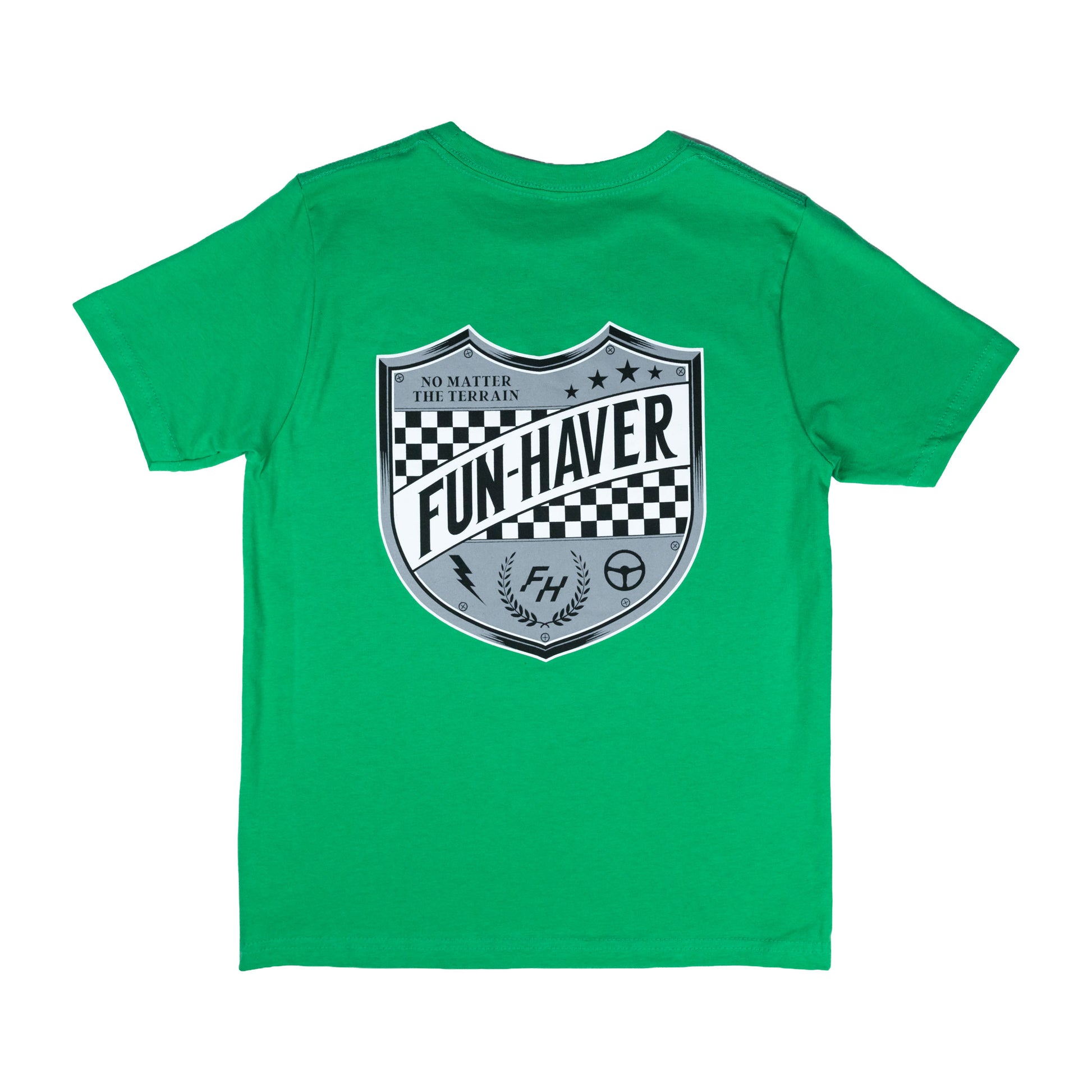 Kelly Green Fun-Haver® Shield Logo Youth T-Shirt back view