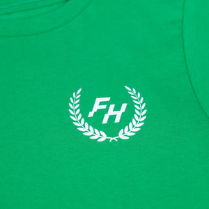 Kelly Green Fun-Haver® Shield Logo Youth T-Shirt front chest logo detail