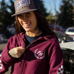 Kelsie Heck wearing the Fun-Haver® Maroon Shield Zip Hoodie