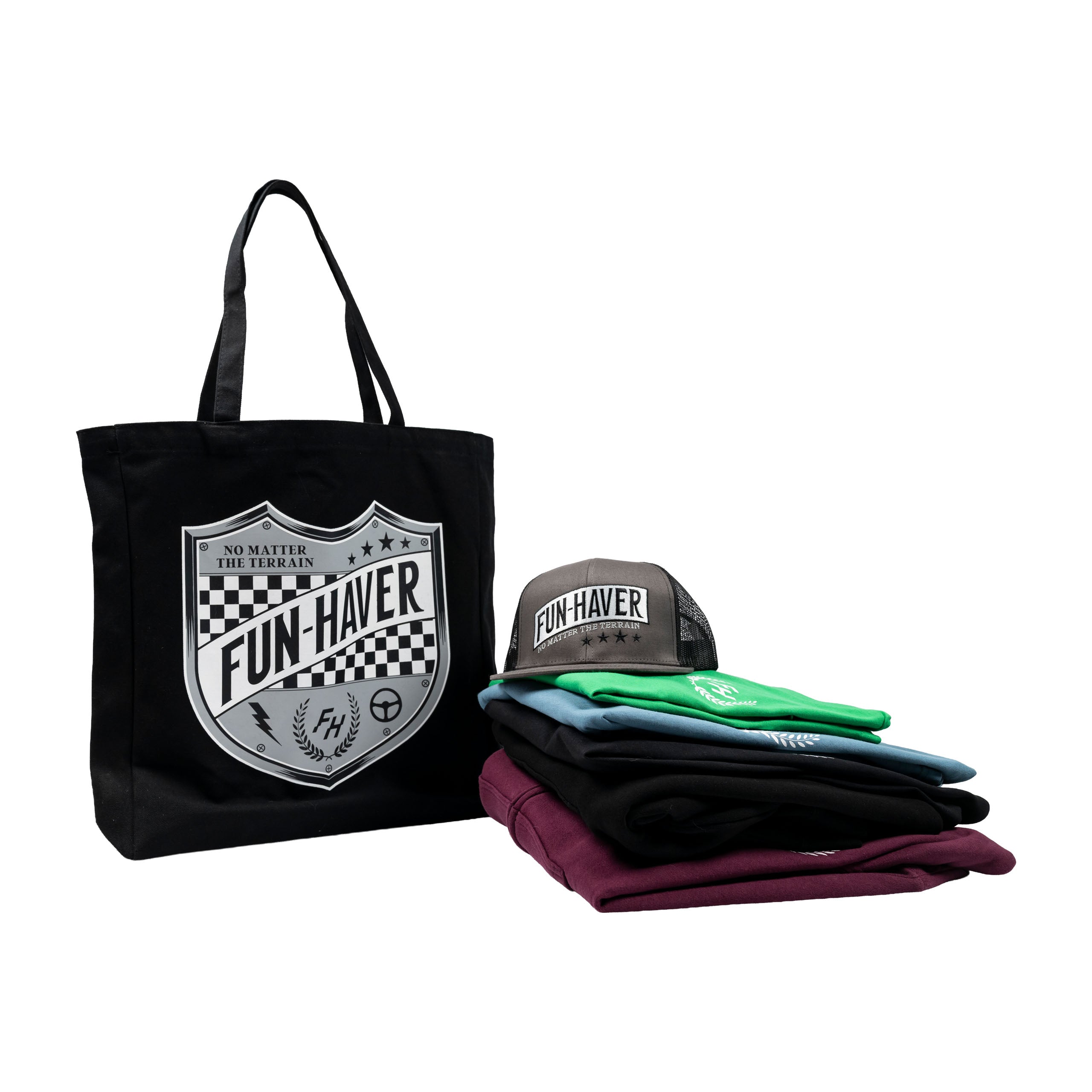 Fun-Haver® Shield Logo Tote Bag front view with Shield hat and T-Shirts