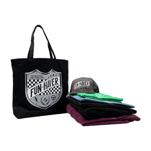 Fun-Haver® Shield Logo Tote Bag front view with Shield hat and T-Shirts