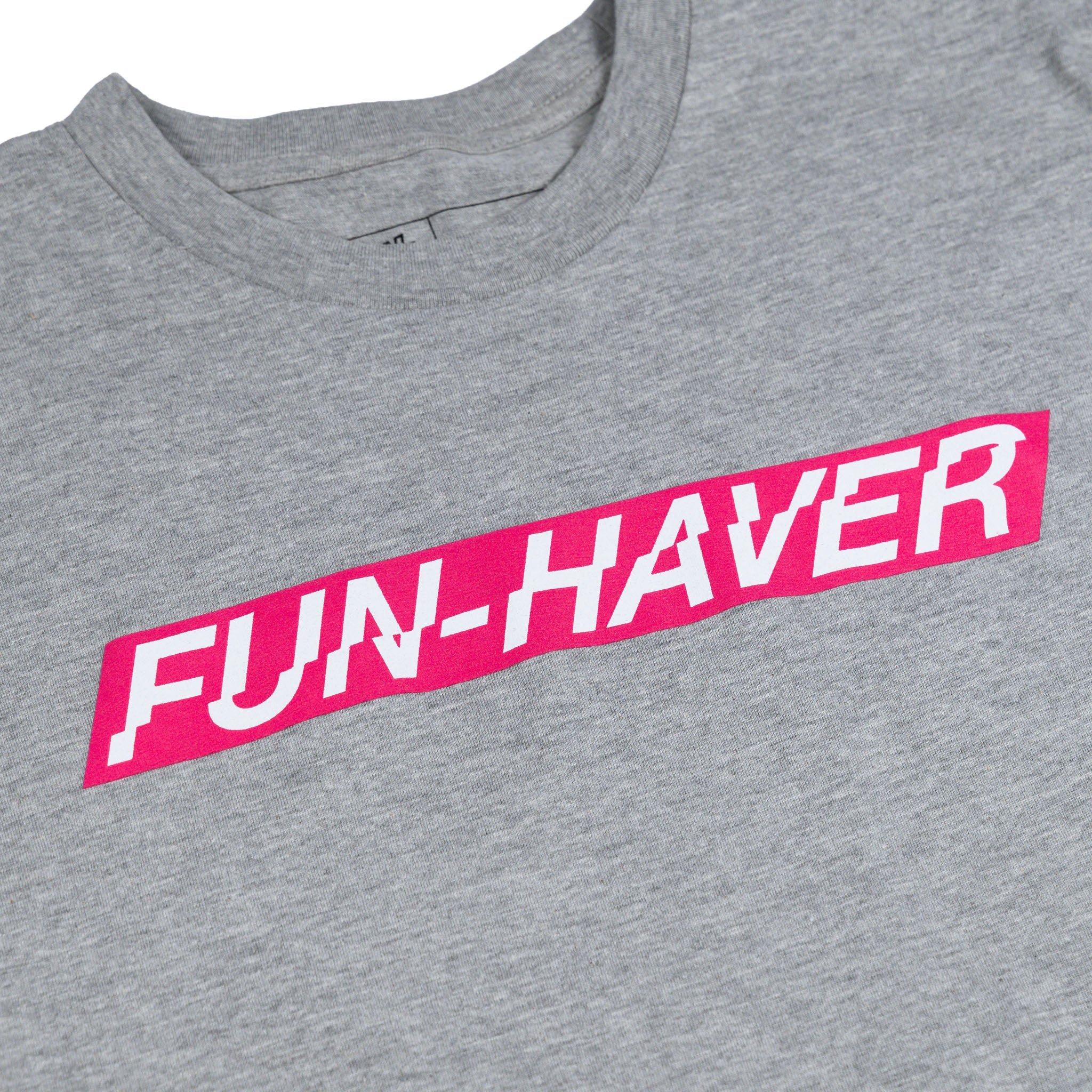 Close up of the Athletic Heather Fun-Haver Energy T-Shirt Pink Fun-Haver logo