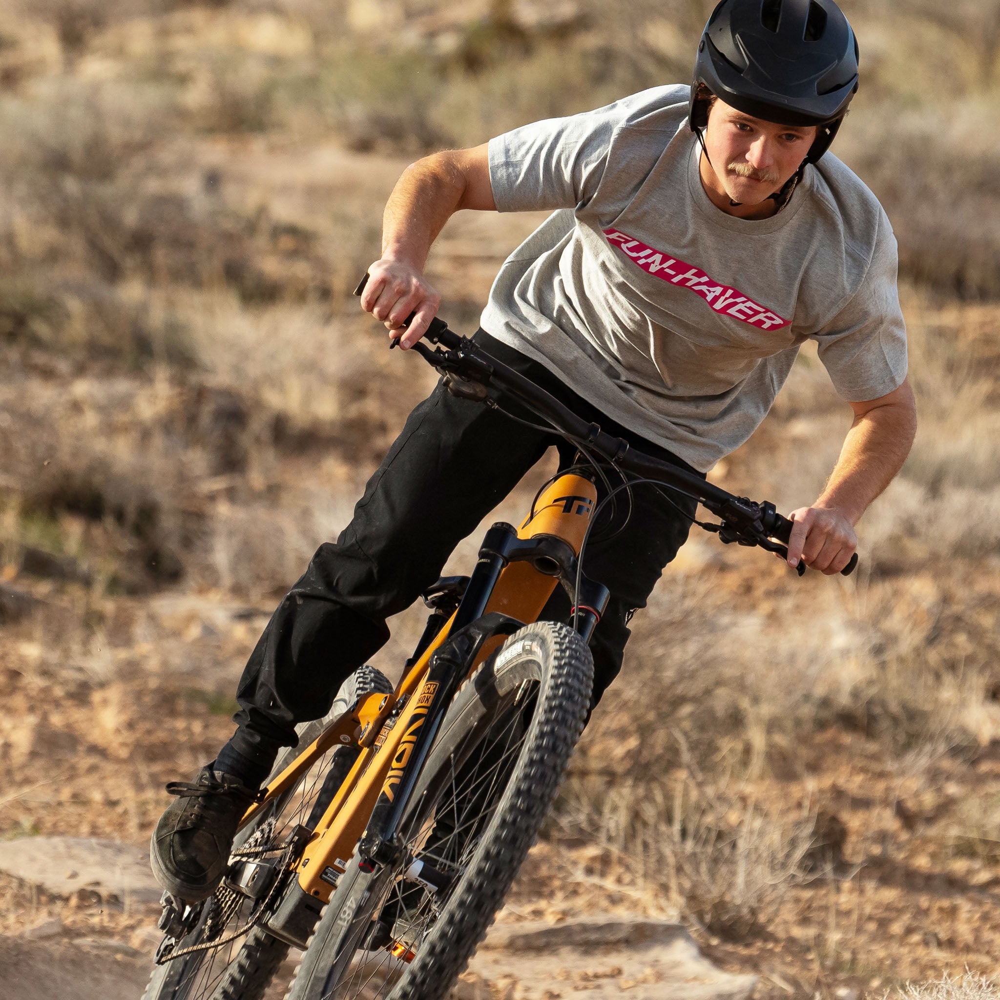 Rider wearing the Athletic Heather Fun-Haver Energy T-Shirt out on the trail