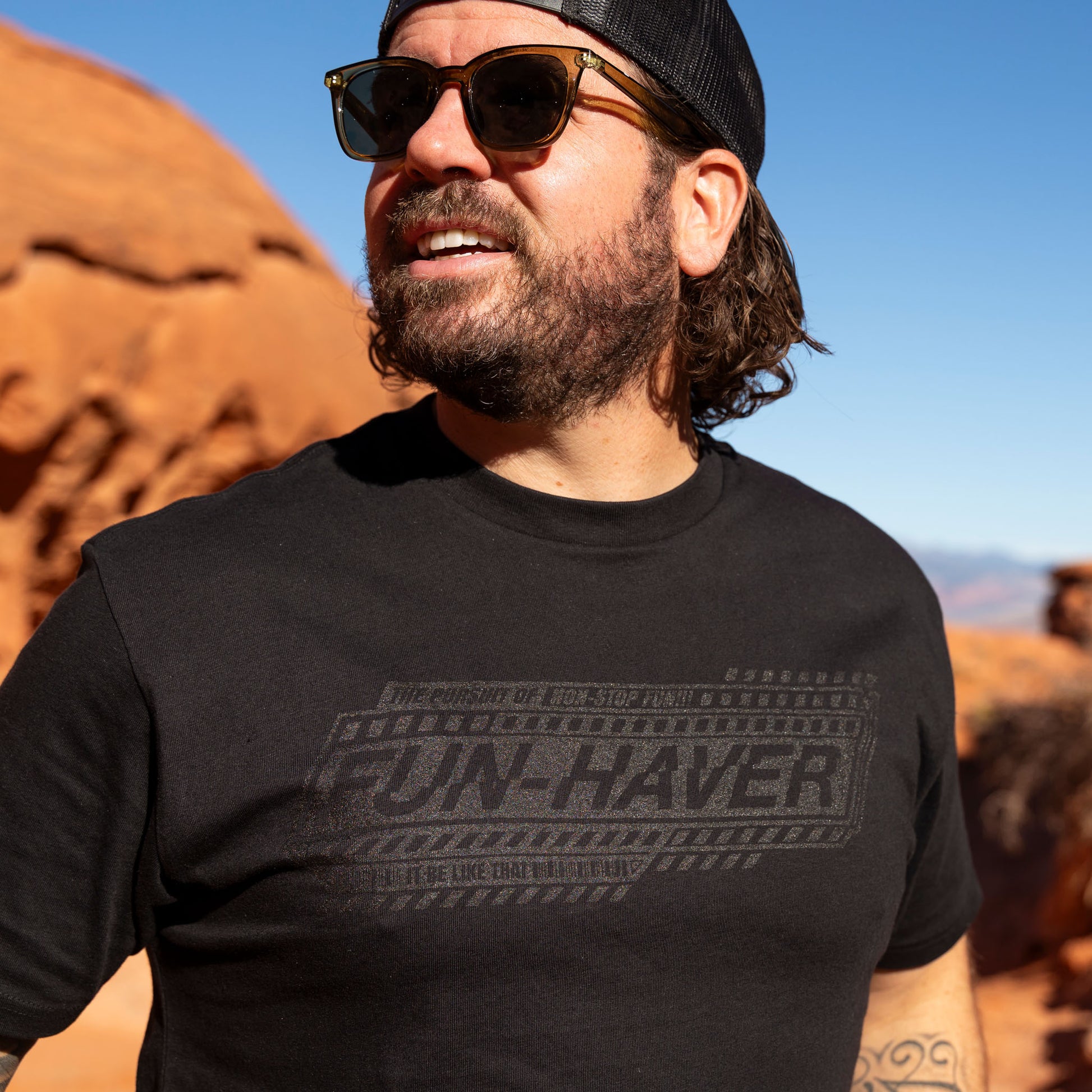 Eric wearing the Fun-Haver Pursuit Black T-Shirt out in the wild