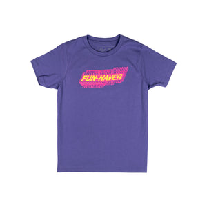 Front view of the Fun-Haver Purple Rush Pursuit Youth T-Shirt with Magenta and Yellow Fun-Haver logo graphics