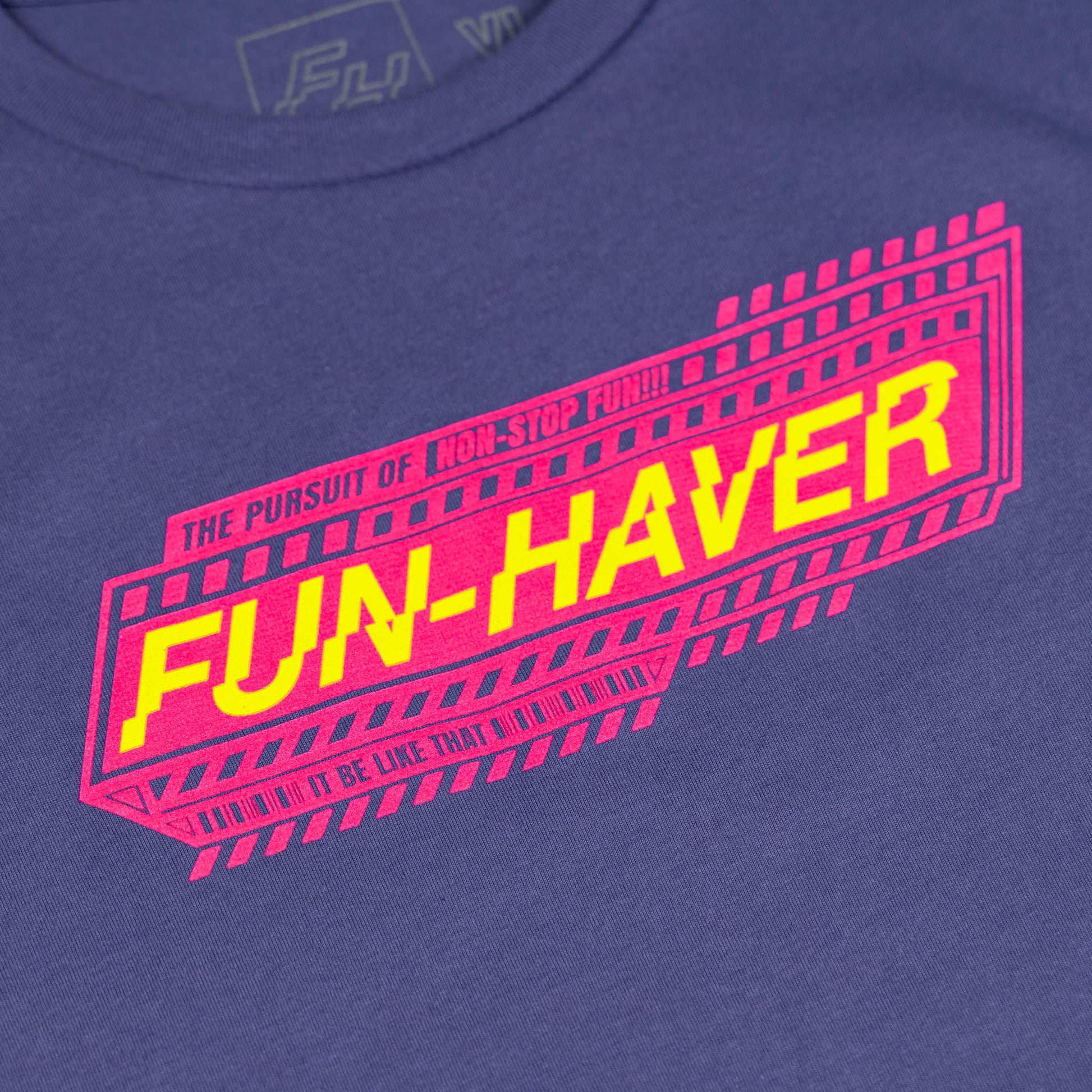 Close up detail view of the Fun-Haver Purple Rush Pursuit Youth T-Shirt with Magenta and Yellow Fun-Haver logo graphics