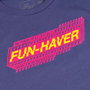 Close up detail view of the Fun-Haver Purple Rush Pursuit Youth T-Shirt with Magenta and Yellow Fun-Haver logo graphics