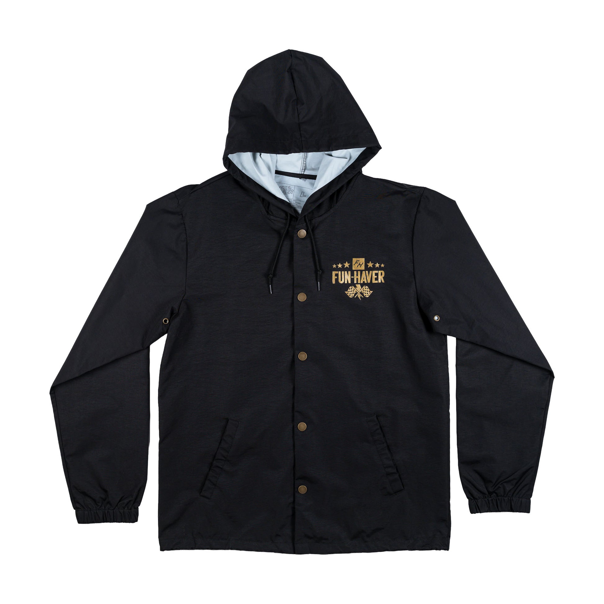 Front view of the Black Full Time Fun-Haver® Winbreaker Coaches Jacket