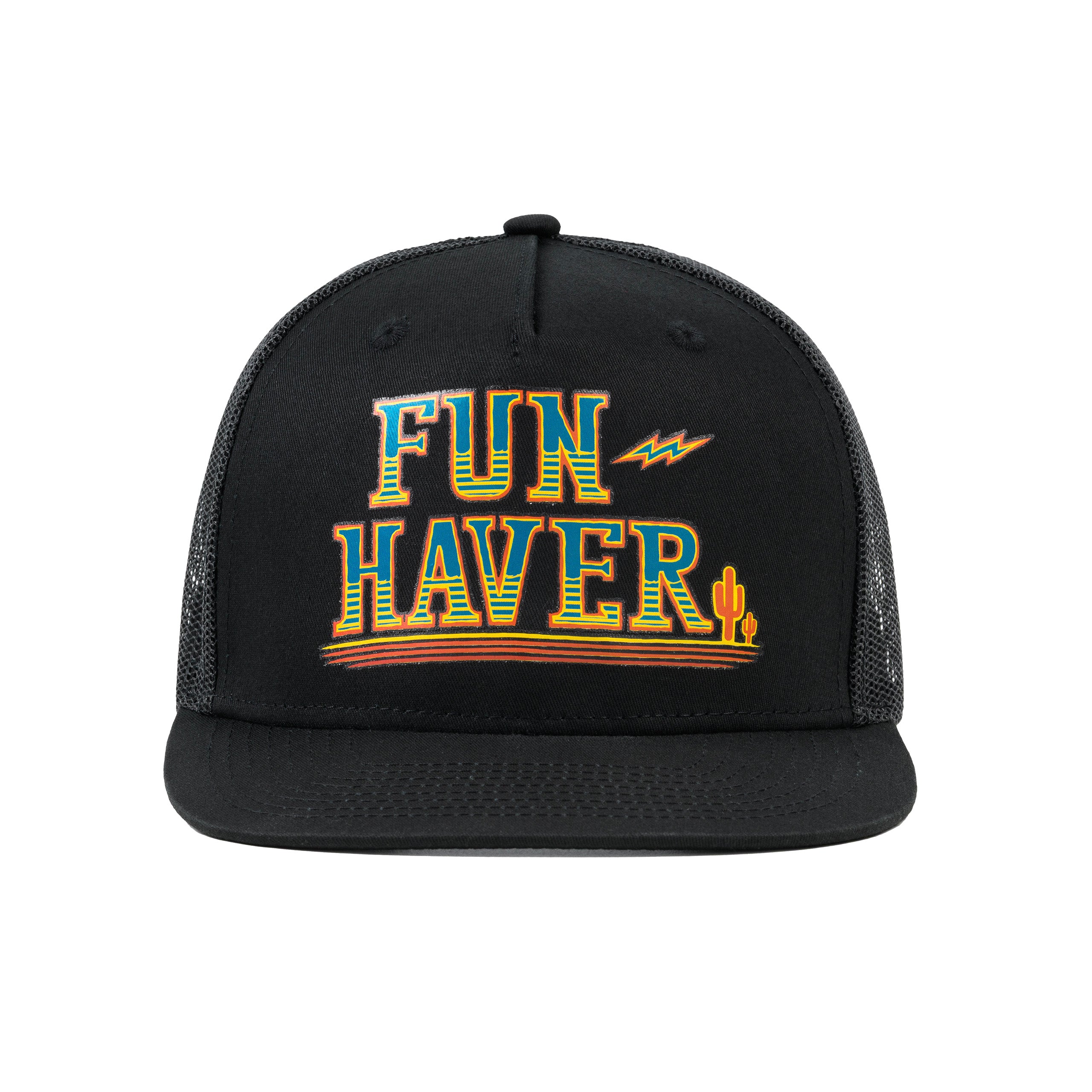 Front view of the Black Fun-Haver Thumpers trucker snapback hat.
