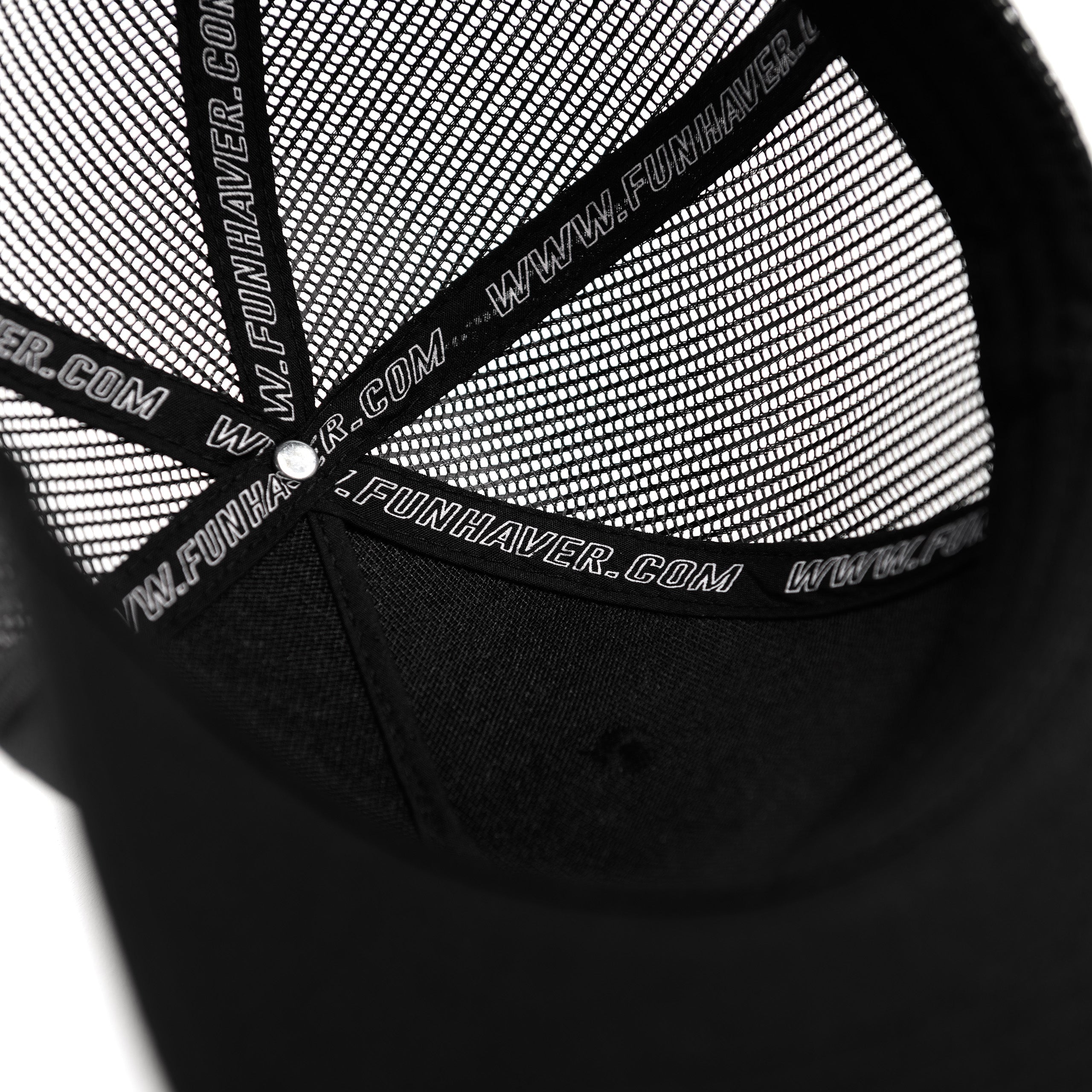 Inside Fun-Haver woven taping view of the Black Fun-Haver Thumpers trucker snapback hat.