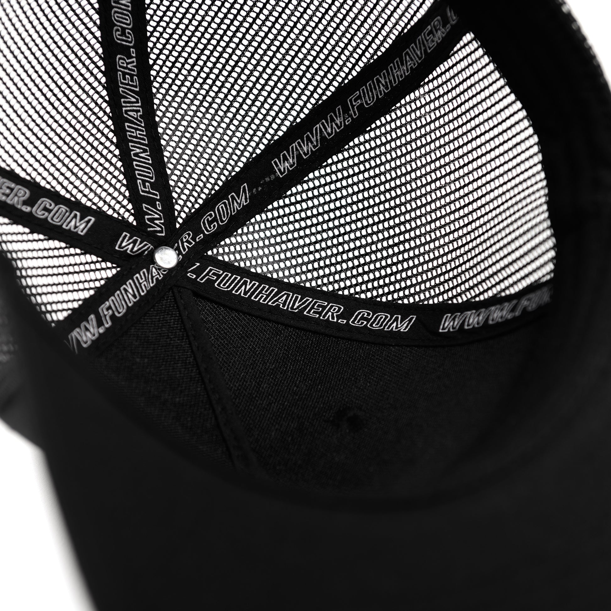 Inside Fun-Haver woven taping view of the Black Fun-Haver Thumpers trucker snapback hat.