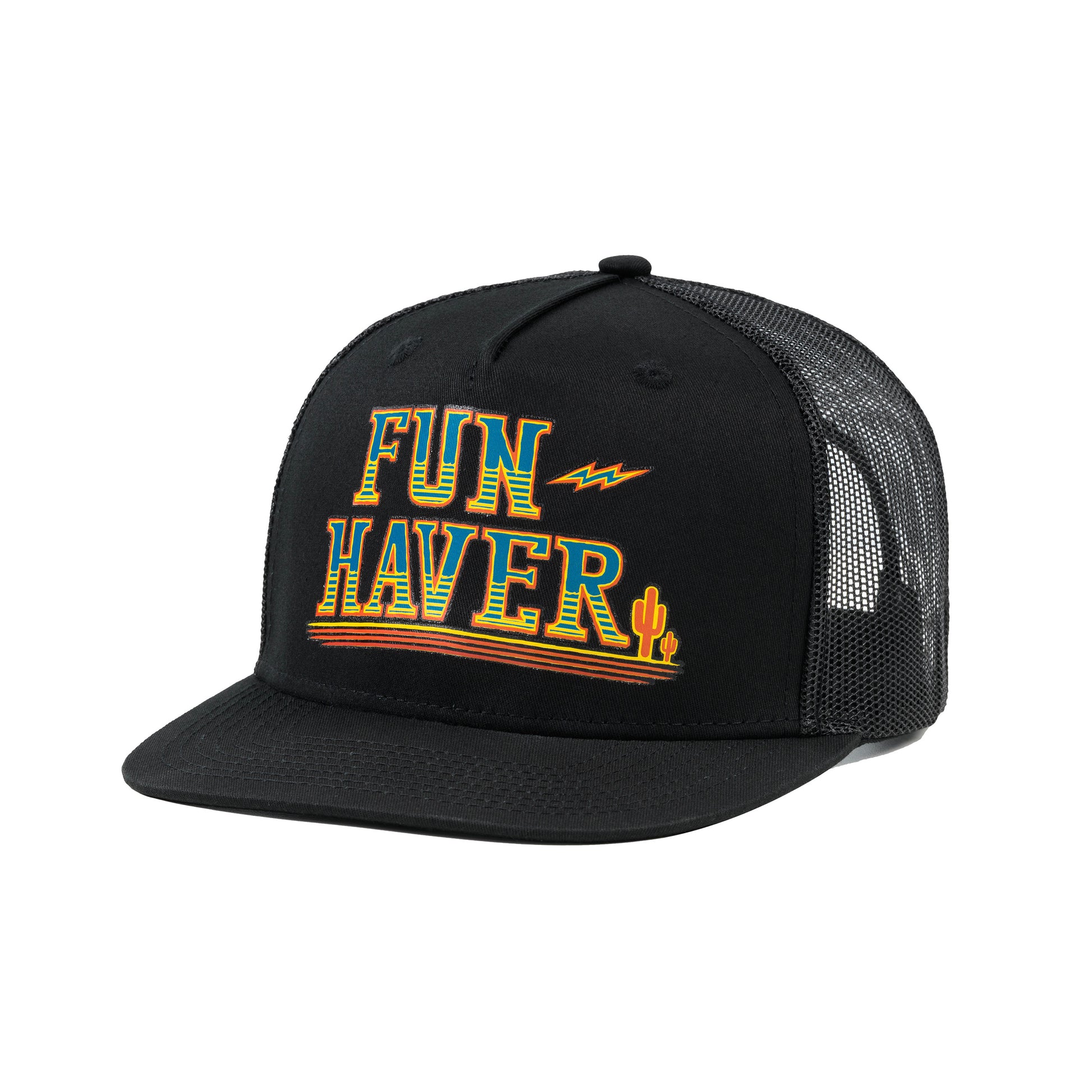 Front left side view of the Black Fun-Haver Thumpers trucker snapback hat.