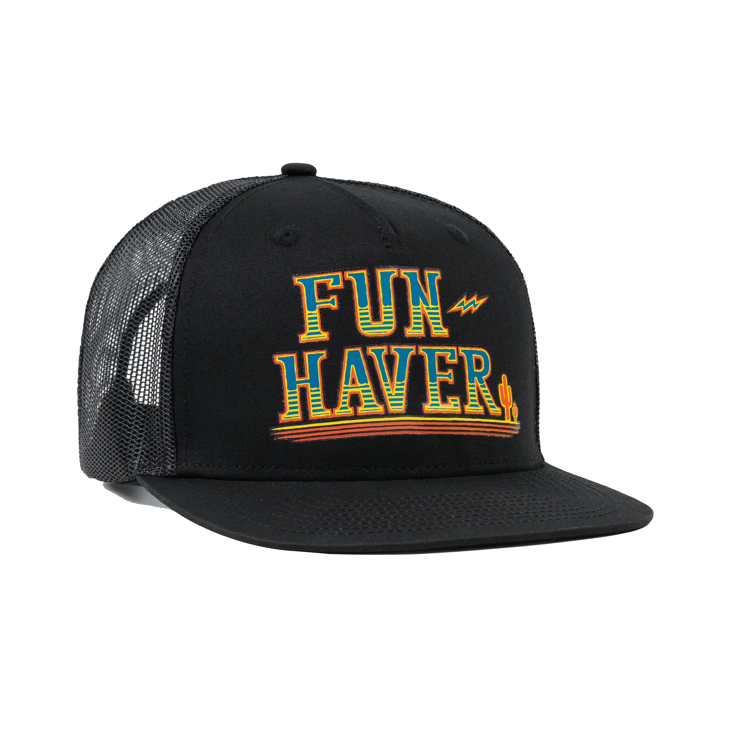 Front right side view of the Black Fun-Haver Thumpers trucker snapback hat.