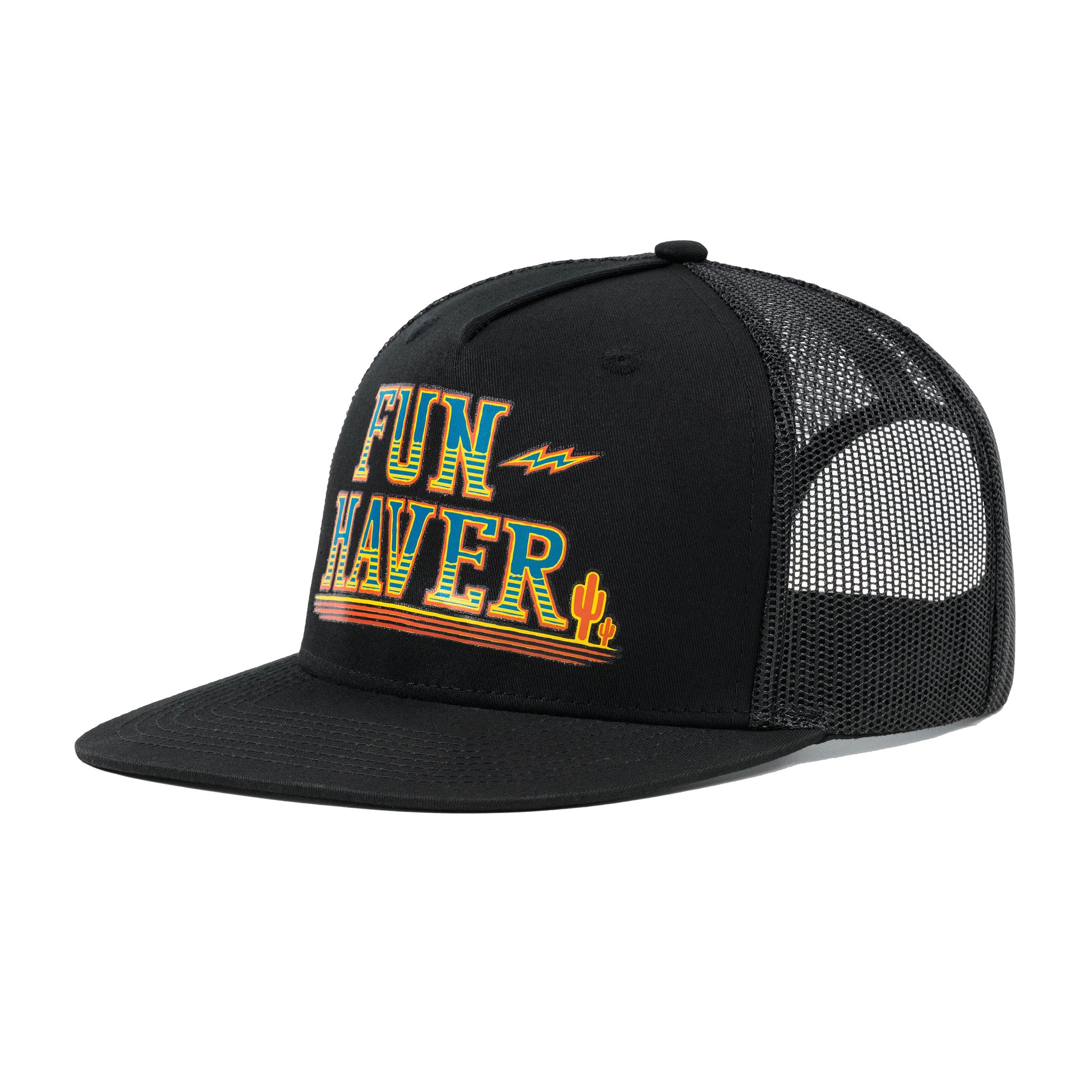 Front left side view of the Black Fun-Haver Thumpers trucker snapback hat.