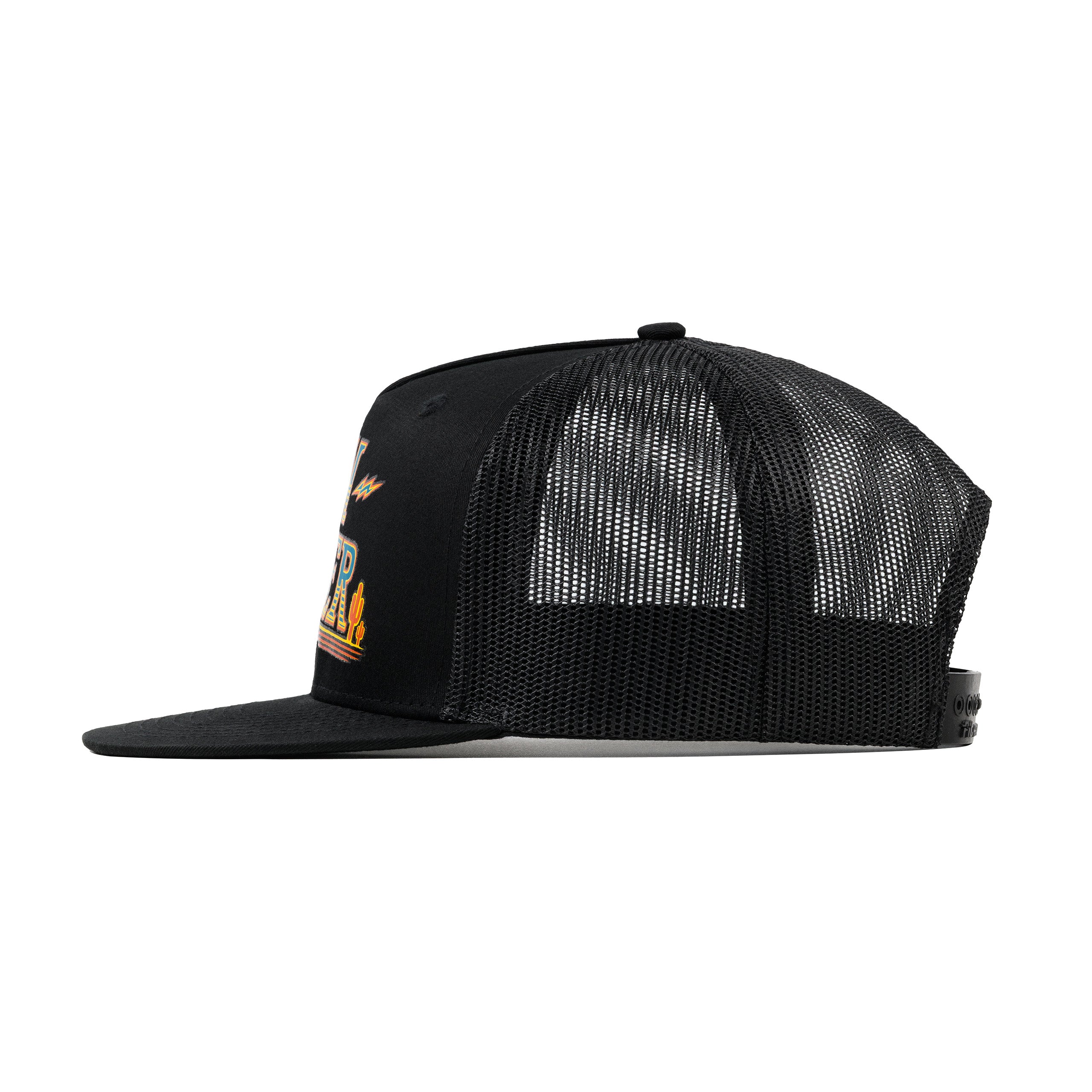 Left side view of the Black Fun-Haver Thumpers trucker snapback hat.