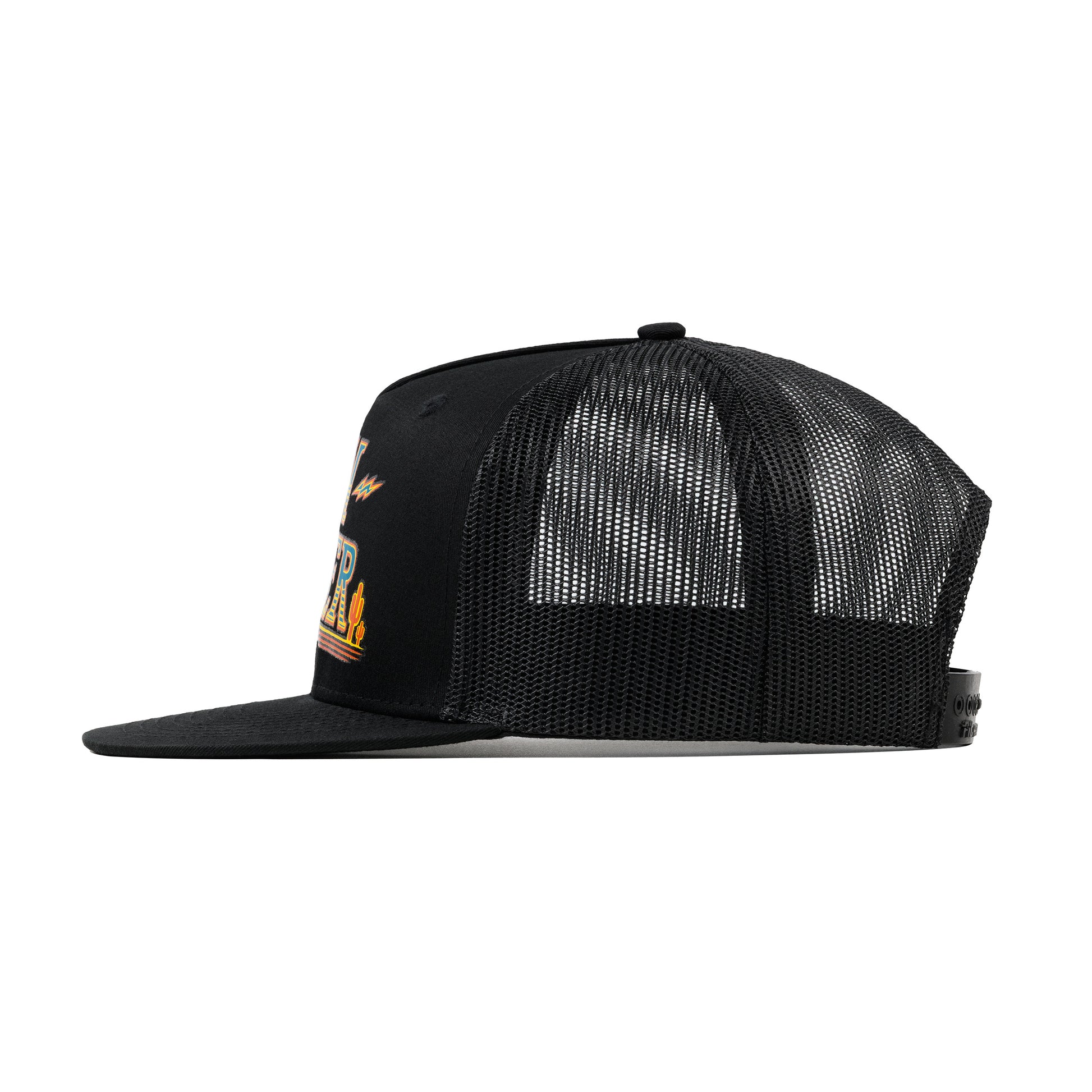 Left side view of the Black Fun-Haver Thumpers trucker snapback hat.