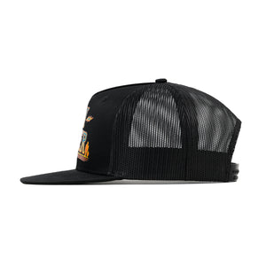 Left side view of the Black Fun-Haver Thumpers trucker snapback hat.