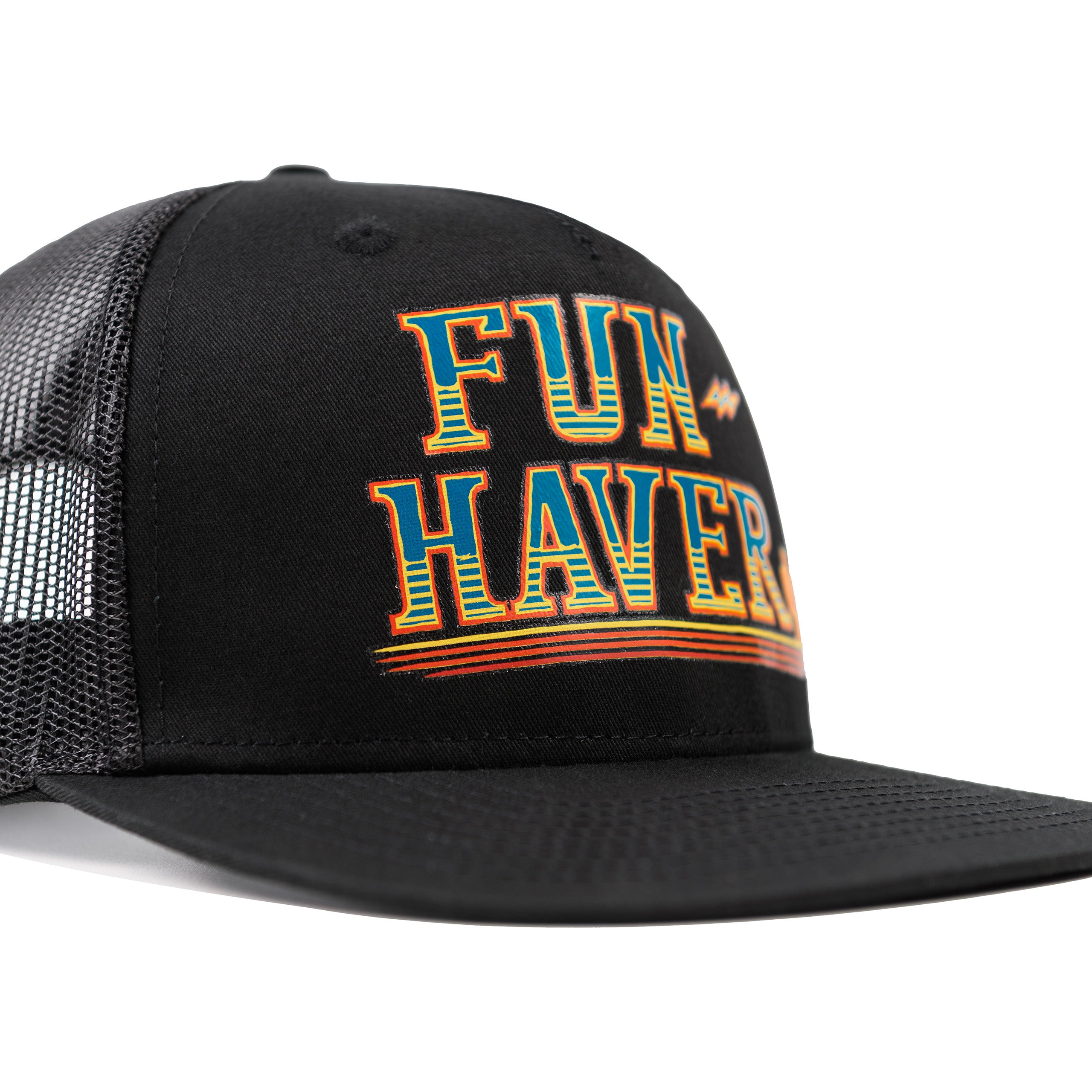 Front right side detail view of the Black Fun-Haver Thumpers trucker snapback hat.
