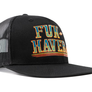 Front right side detail view of the Black Fun-Haver Thumpers trucker snapback hat.