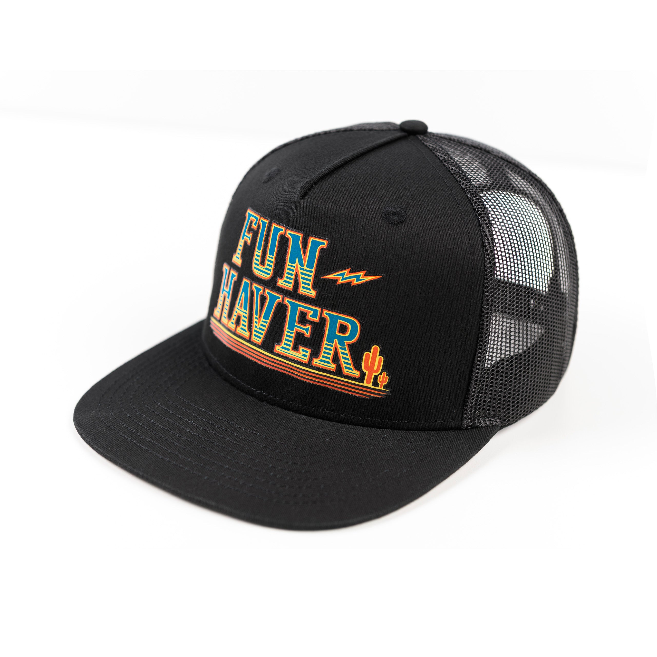 Front left side top view of the Black Fun-Haver Thumpers trucker snapback hat.