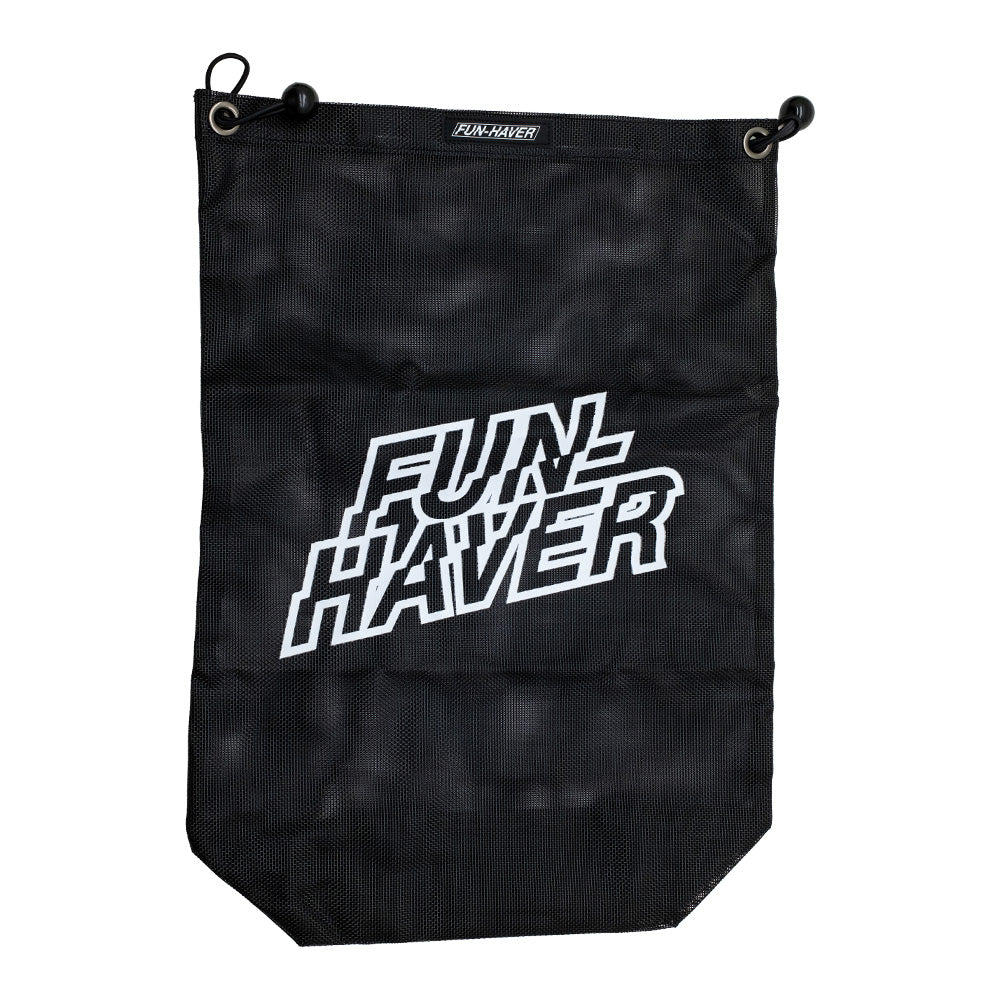 Black mesh trail bag with white Fun-Haver logo