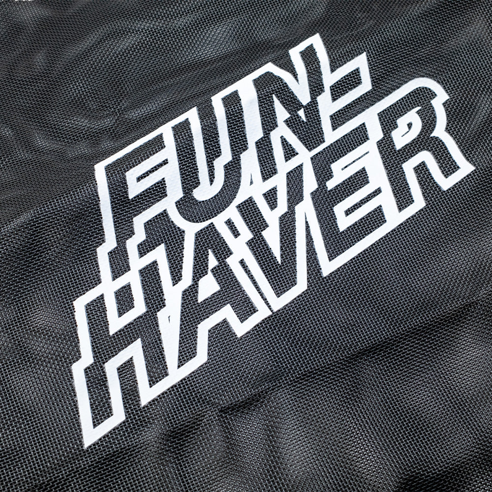 Detail photo of black mesh trail bag with white Fun-Haver logo