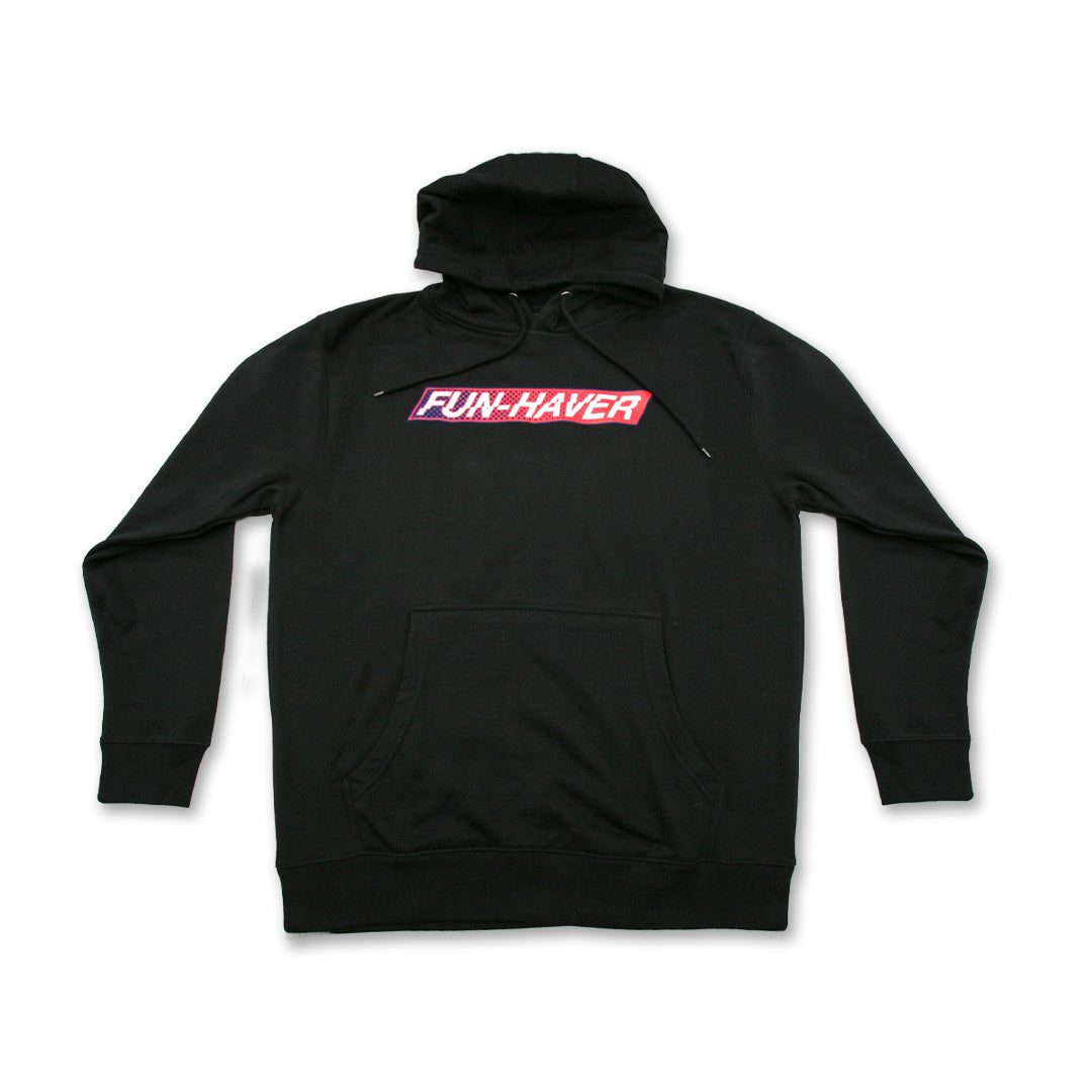 Black Fun-Haver Foundation adult hoodie featuring the Fun-Haver logo in red, white, and blue on the chest