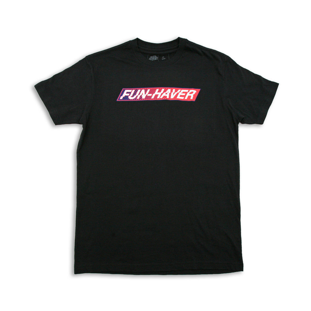 Black Fun-Haver Foundation t-shirt with Fun-Haver logo in red, white, and blue printed across the chest.