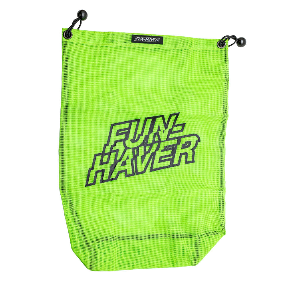 Green mesh trail bag with black Fun-Haver logo