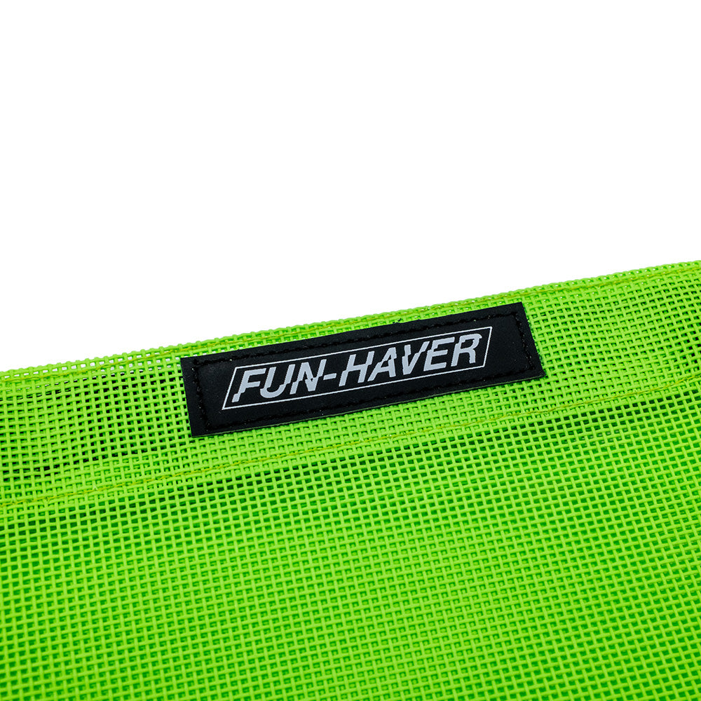 Detail photo of green mesh trail bag velcro closure with rubberized black Fun-Haver logo