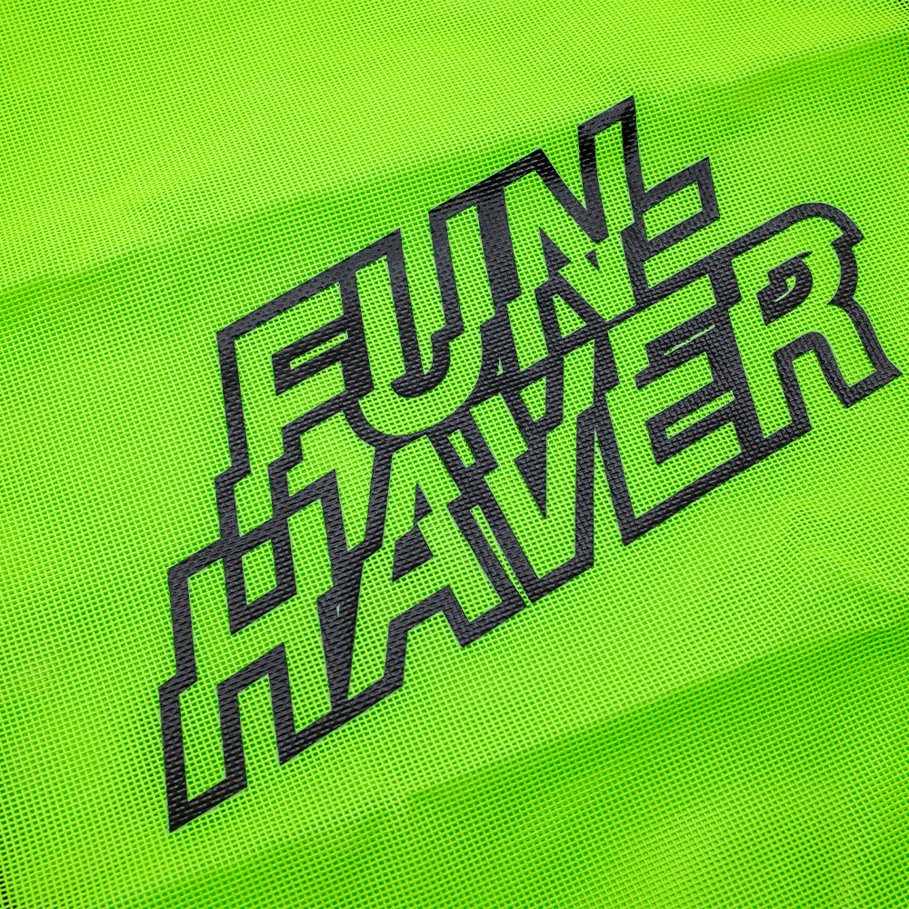 Detail photo of green mesh trail bag with black Fun-Haver logo