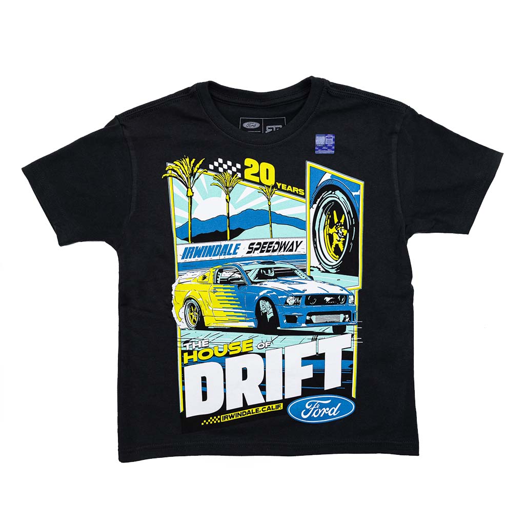 Black t-shirt with Mustang graphic and Ford logo on a white background