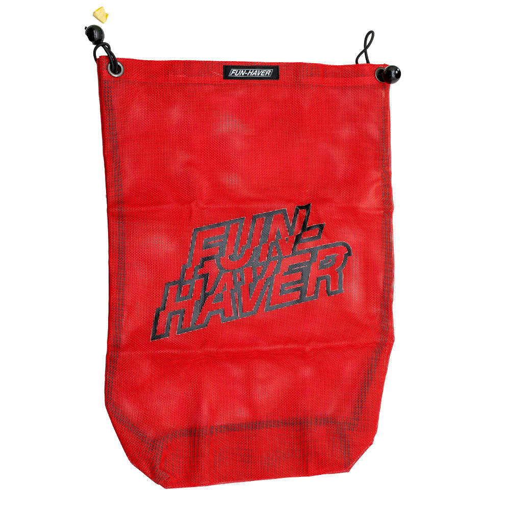 Red mesh trail bag with black Fun-Haver logo