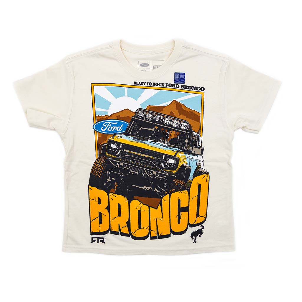 White t-shirt with Ford Bronco graphic design on a white background