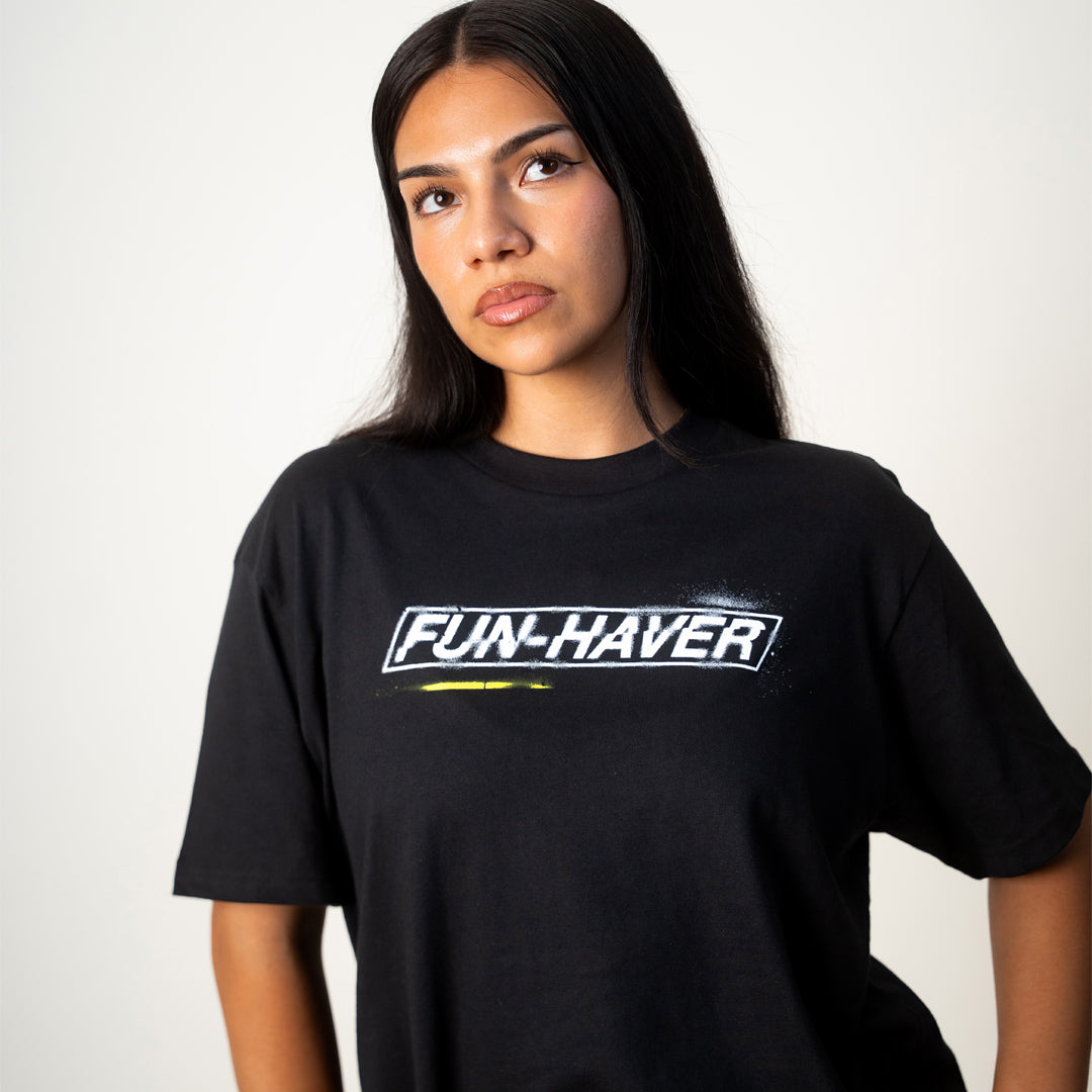 Fun-Haver Stencil Black Tee - Front Lifestyle Image 2