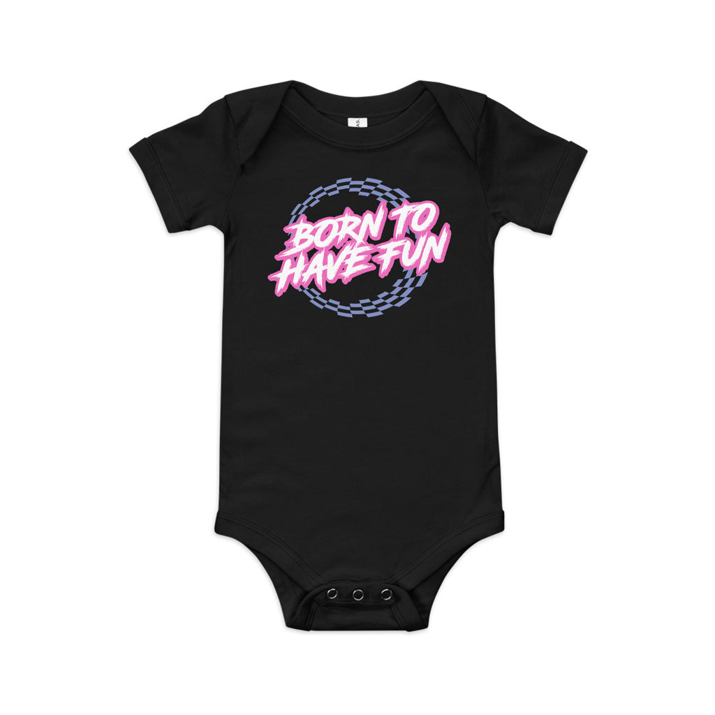 Front view of the Fun-Haver Born to Fun baby short sleeve one piece in Black.