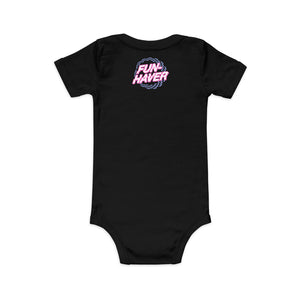 Back view of the Fun-Haver Born to Fun baby short sleeve one piece in Black.